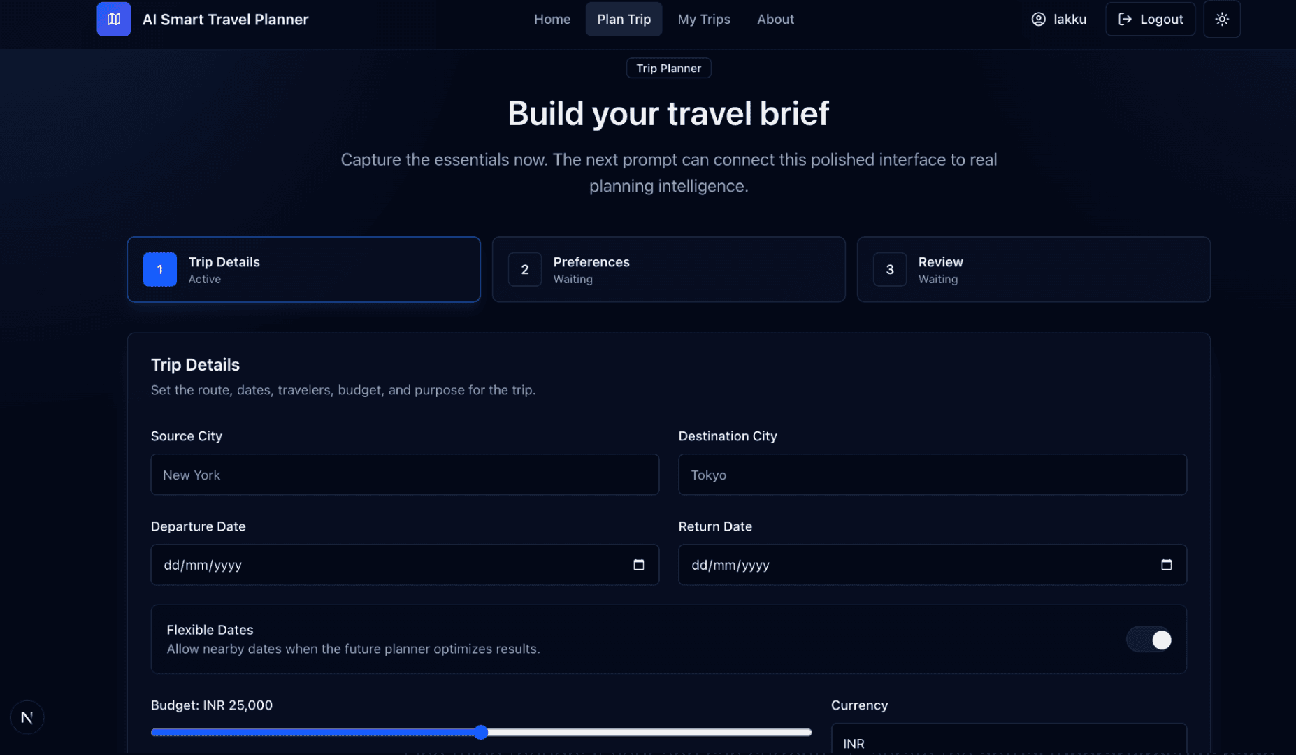 AI Smart Travel Planner trip planning form for entering travel details and preferences