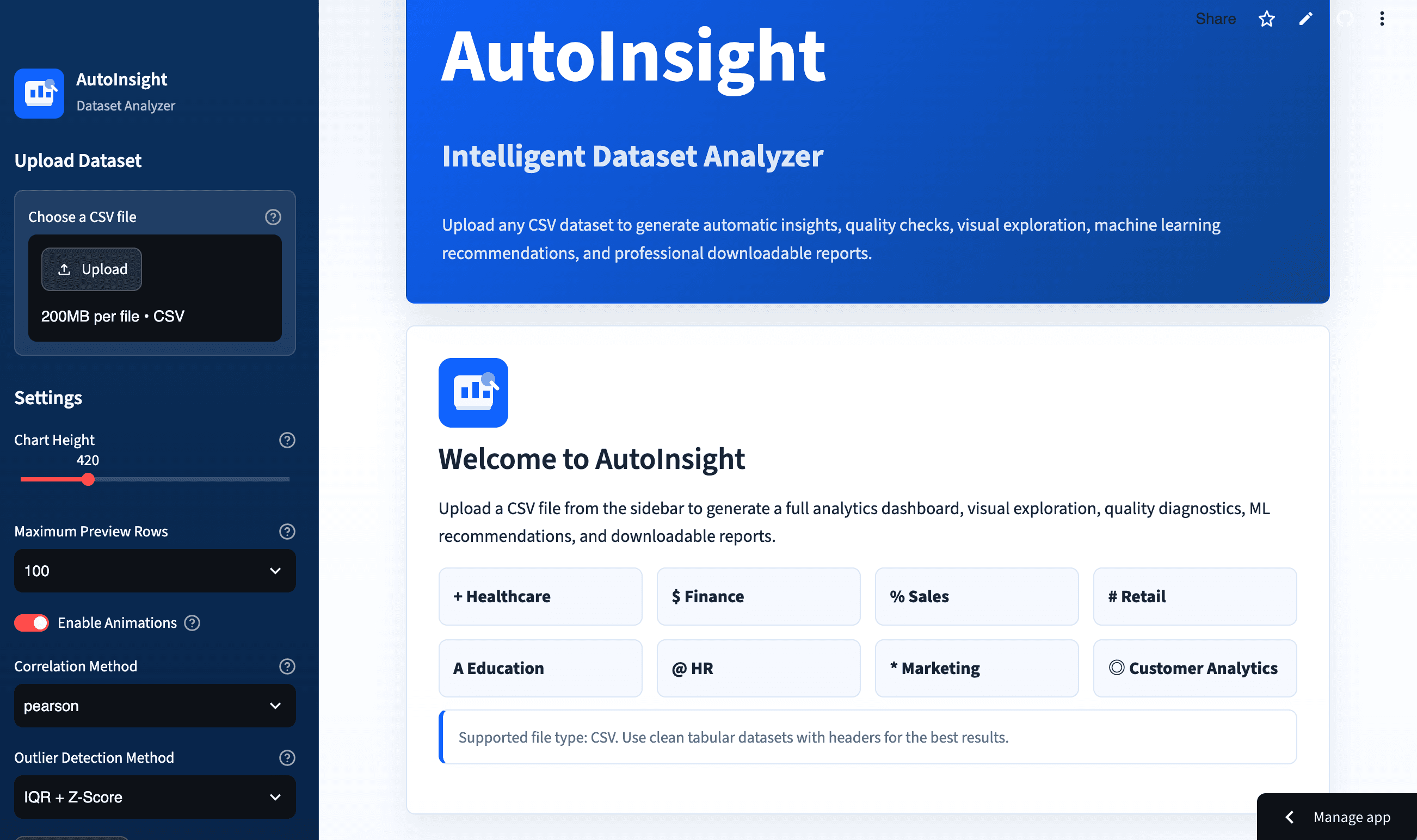 AutoInsight intelligent dataset analyzer dashboard
